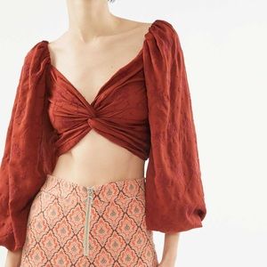 UO red balloon sleeve twist front blouse
